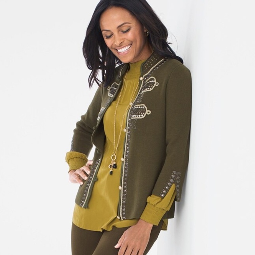 CHICO’S MILITARY STYLE EMBELLISHED CARDIGAN SIZE PETITE LARGE - Picture 2 of 8